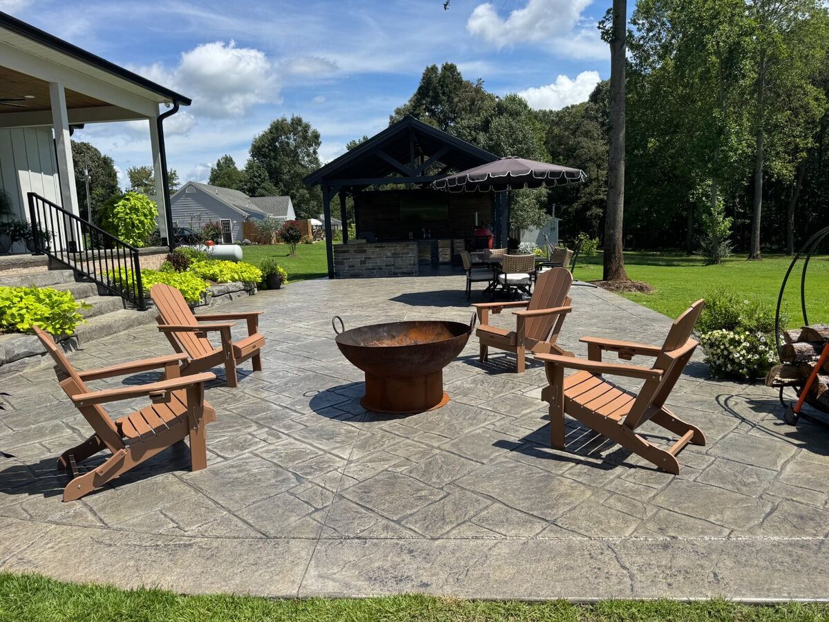 English Yorkstone stamped concrete patio